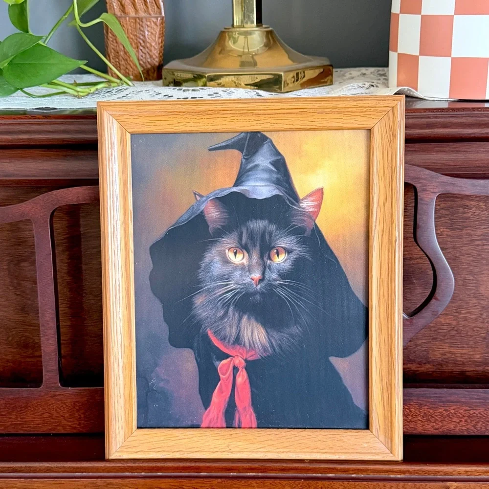 Witch Black Cat Dark Academia Gothic Cat Canvas Art Print Wood Framed Wall Art